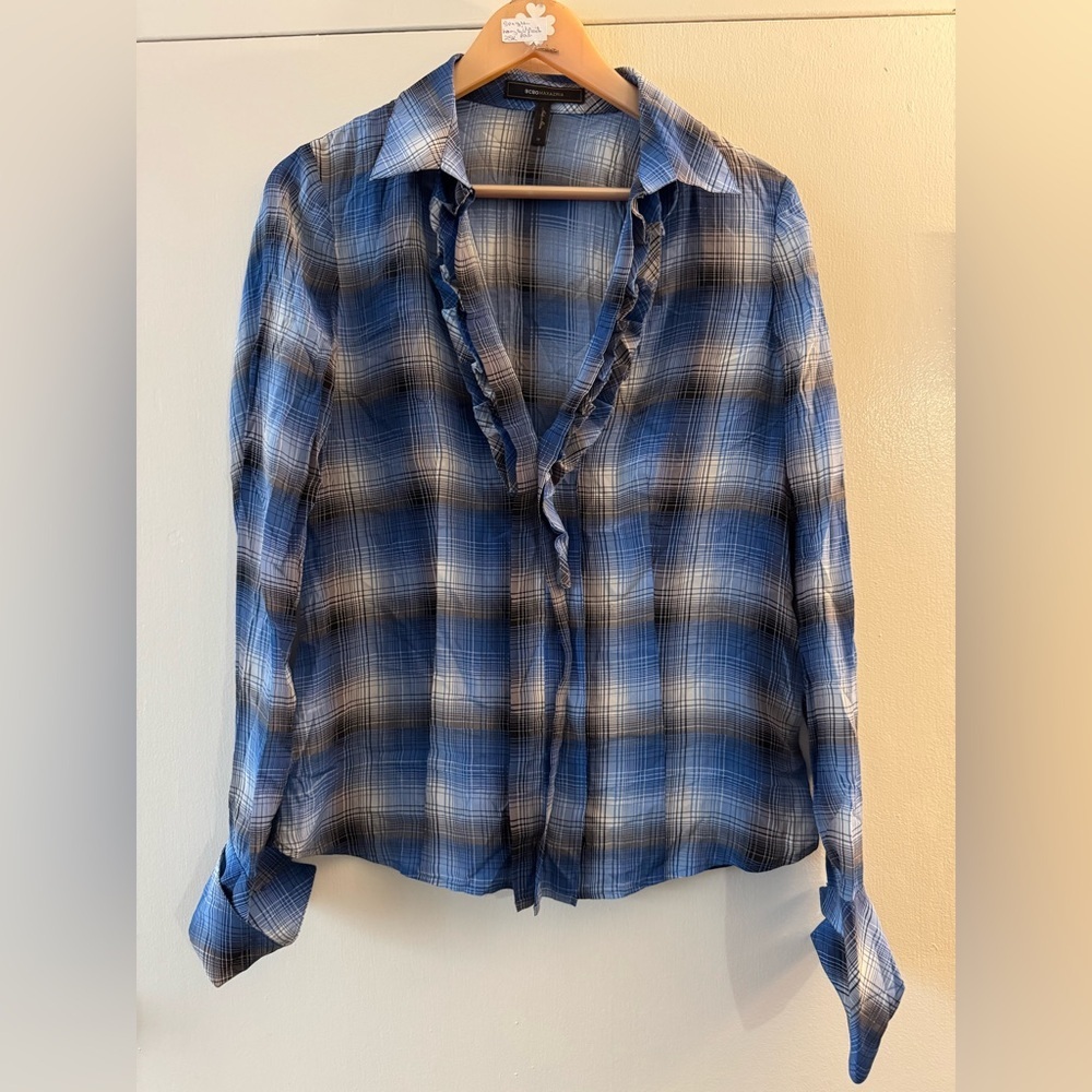 BCBG Maxazria Blue Plaid Ruffle Neck 100% Silk Long Sleeve Top Medium